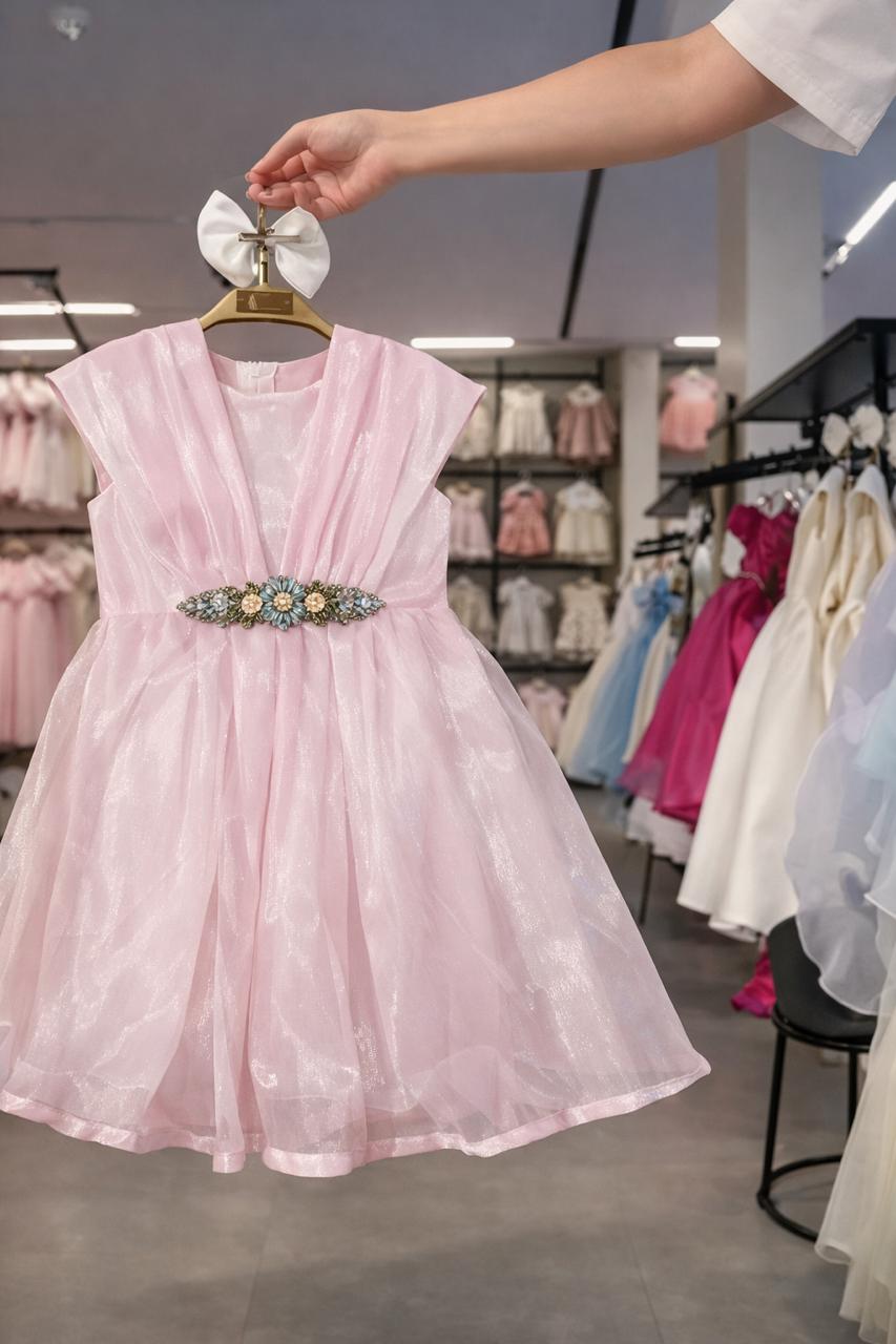 Girls elegant baby pink party dress with sleeveless flared design and embellished waist belt, stylish formal  Pakistan kidswear 