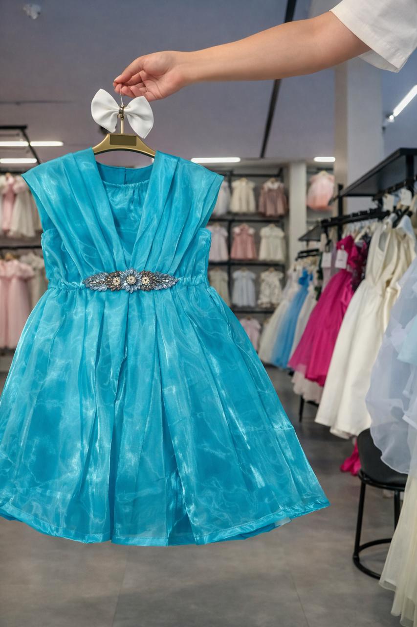 Girls elegant sky blue party dress with sleeveless flared design and embellished waist belt, stylish formal  Pakistan kidswear 
