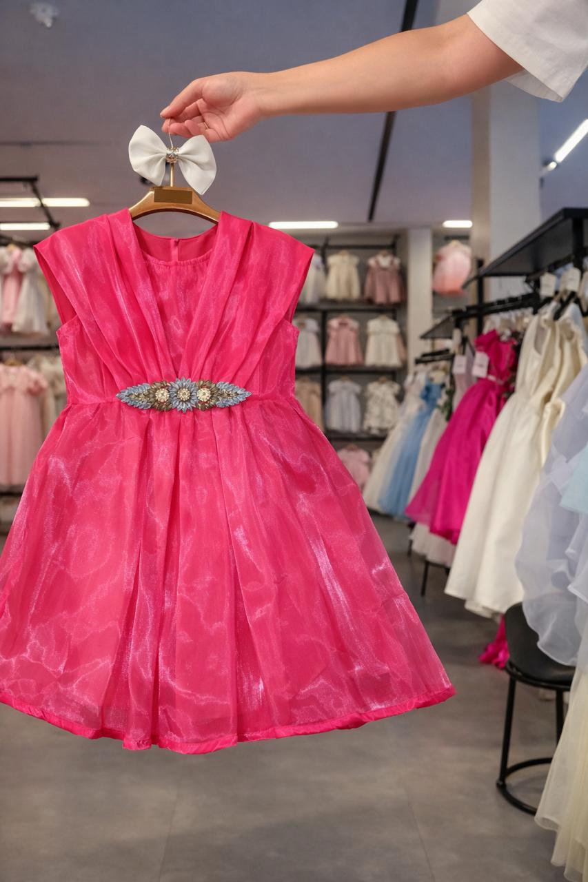 Girls elegant shocking pink party dress with sleeveless flared design and embellished waist belt, stylish formal Pakistan  kidswear 