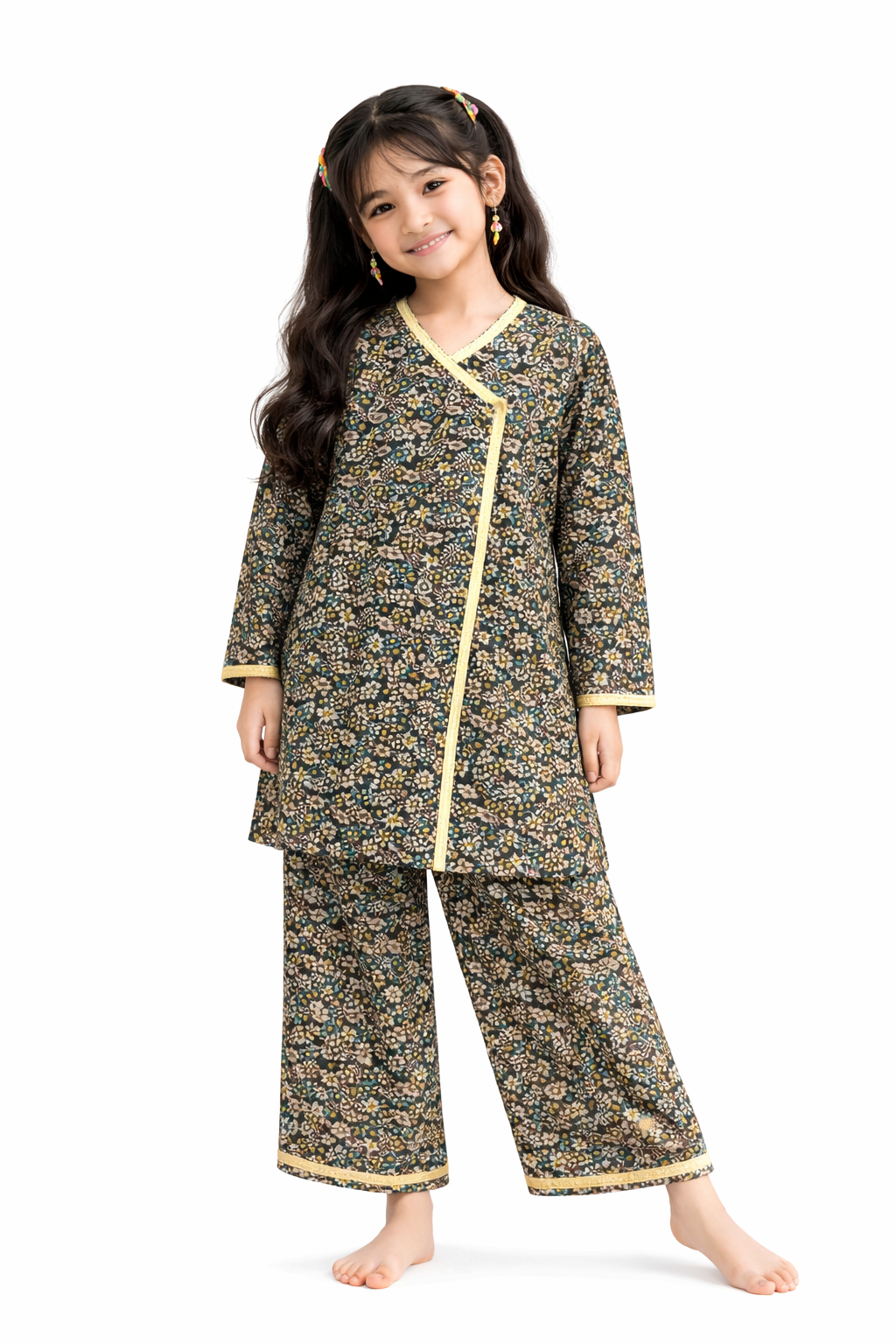 Black floral printed cotton 2-piece outfit for girls with wrap-style kurti and wide-leg pants, Pakistan Out
Fits