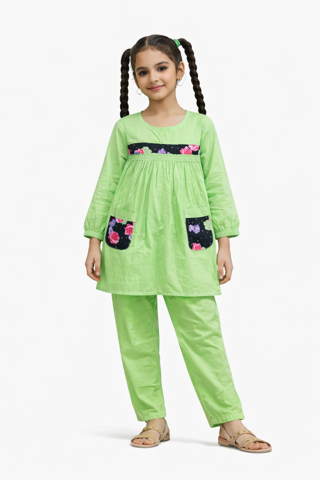 Green cotton 2-piece outfit for girls with long top and straight pants, studio background Pakistan
