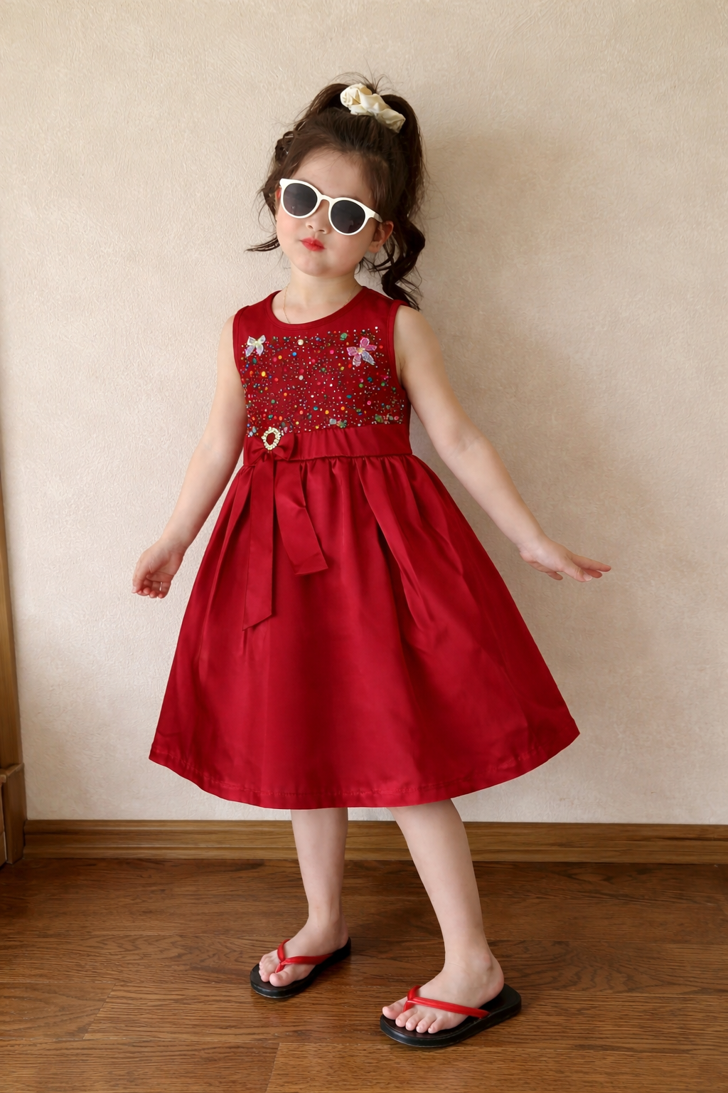 Girls red sleeveless party dress with embellished bodice and bow detail, stylish kids fashion  Pakistan outfit 