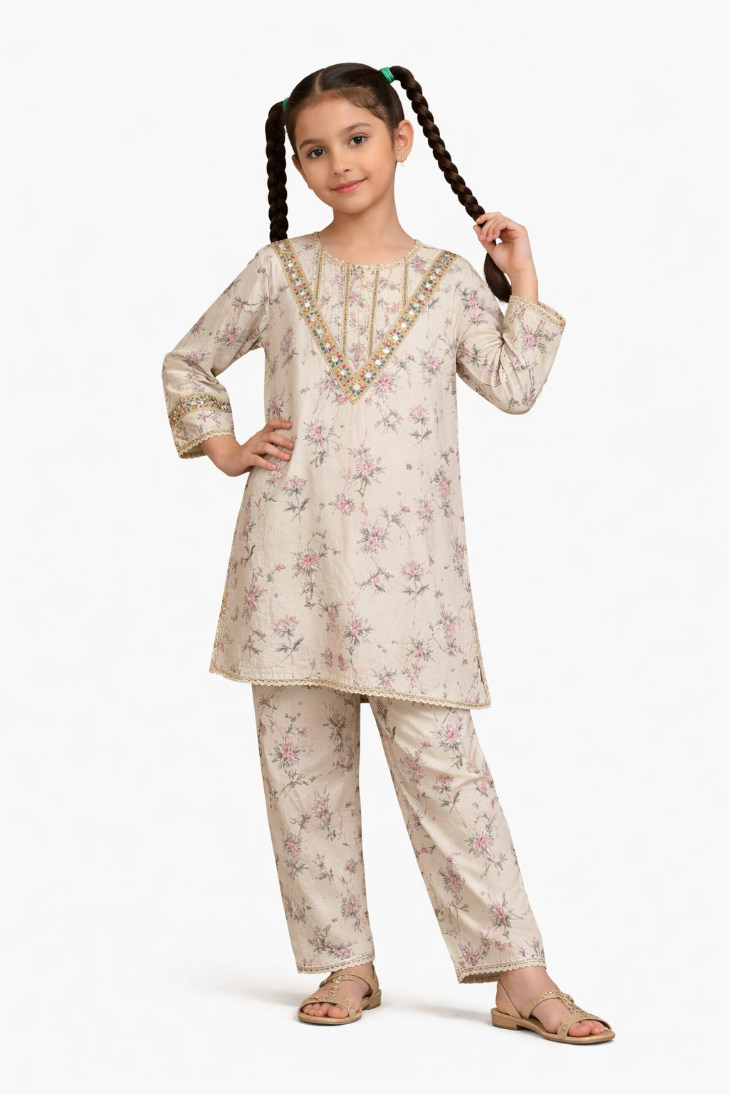 Beige floral printed cotton 2-piece outfit for girls with embroidered neckline kurti and straight pants, studio background Pakistan
