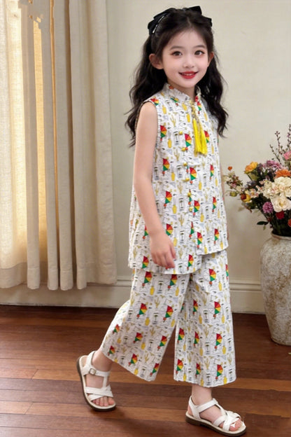 White girls co-ord set with colorful umbrella print sleeveless top and matching wide-leg pants,  Pakistan
