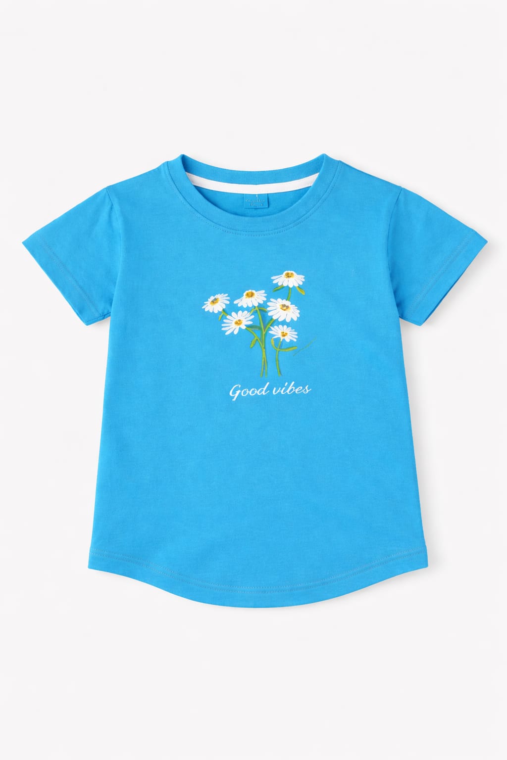 blue girls t-shirt with daisy flower print and “Good vibes” text design in Pakistan.