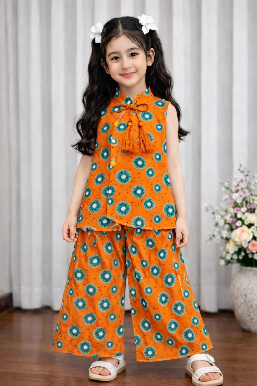 Girls orange printed cotton lawn kurti with pants kids outfit Pakistan