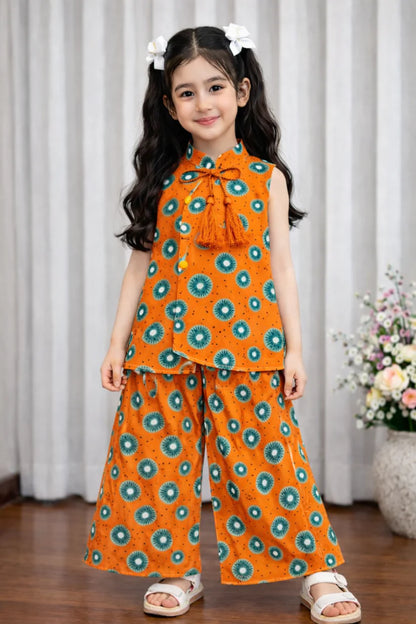 Girls orange printed cotton lawn kurti with pants kids outfit Pakistan