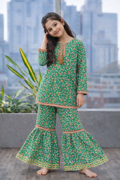 Girls green cotton floral kurti gharara set with tassels, Pakistani outfit
