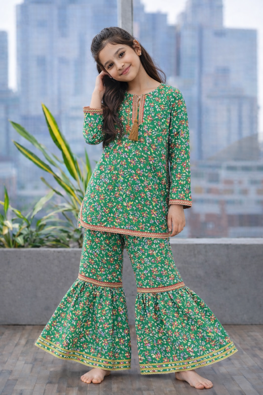 Girls green cotton floral kurti gharara set with tassels, Pakistani outfit