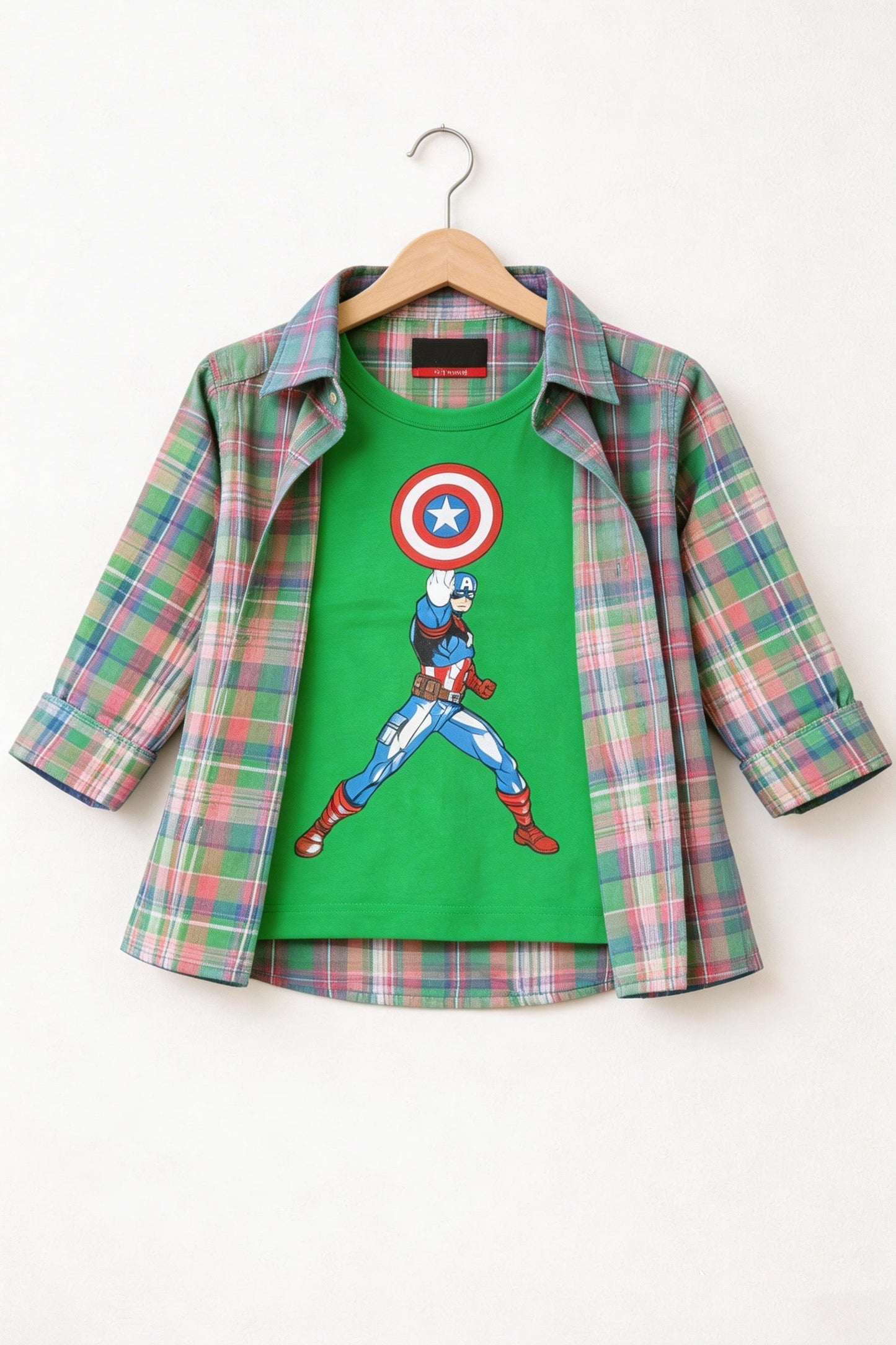 Green Check Captain America Layered Casual Shirt 284