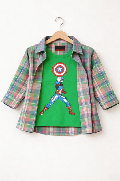 Green Check Captain America Layered Casual Shirt 284