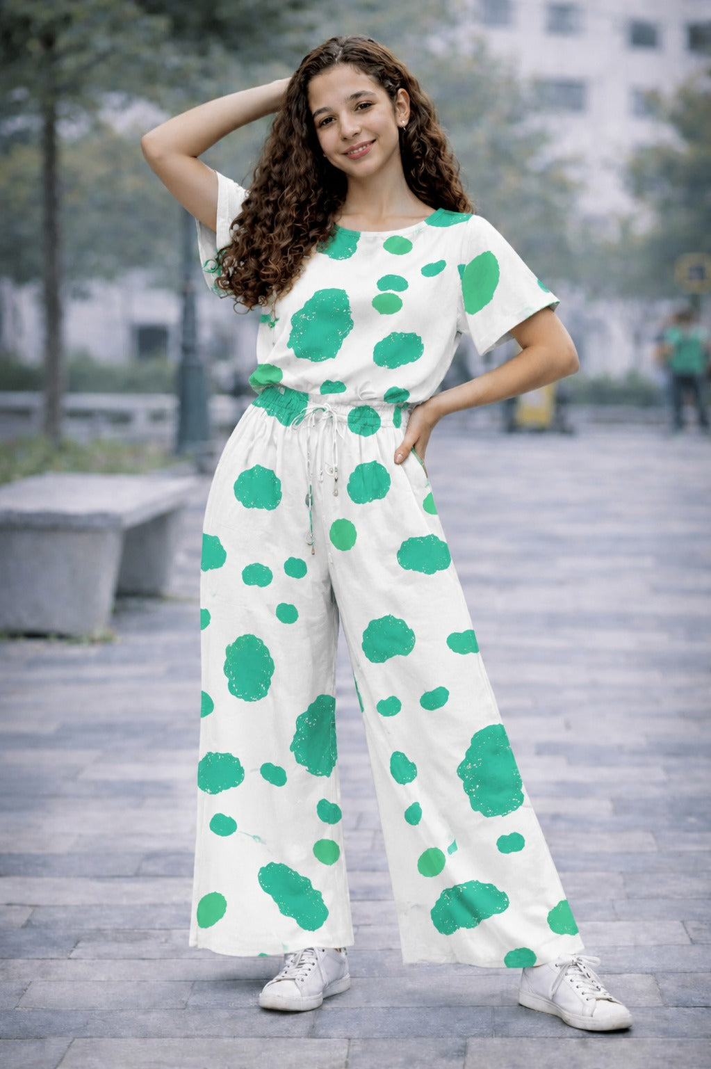 Green Circle Printed Print Cotton Girls Co-Ord Set 719