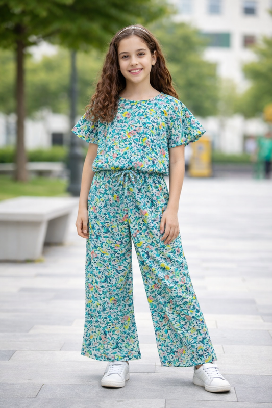 Green Flowers Blue Leaves Cotton Girls Co-Ord Set 525