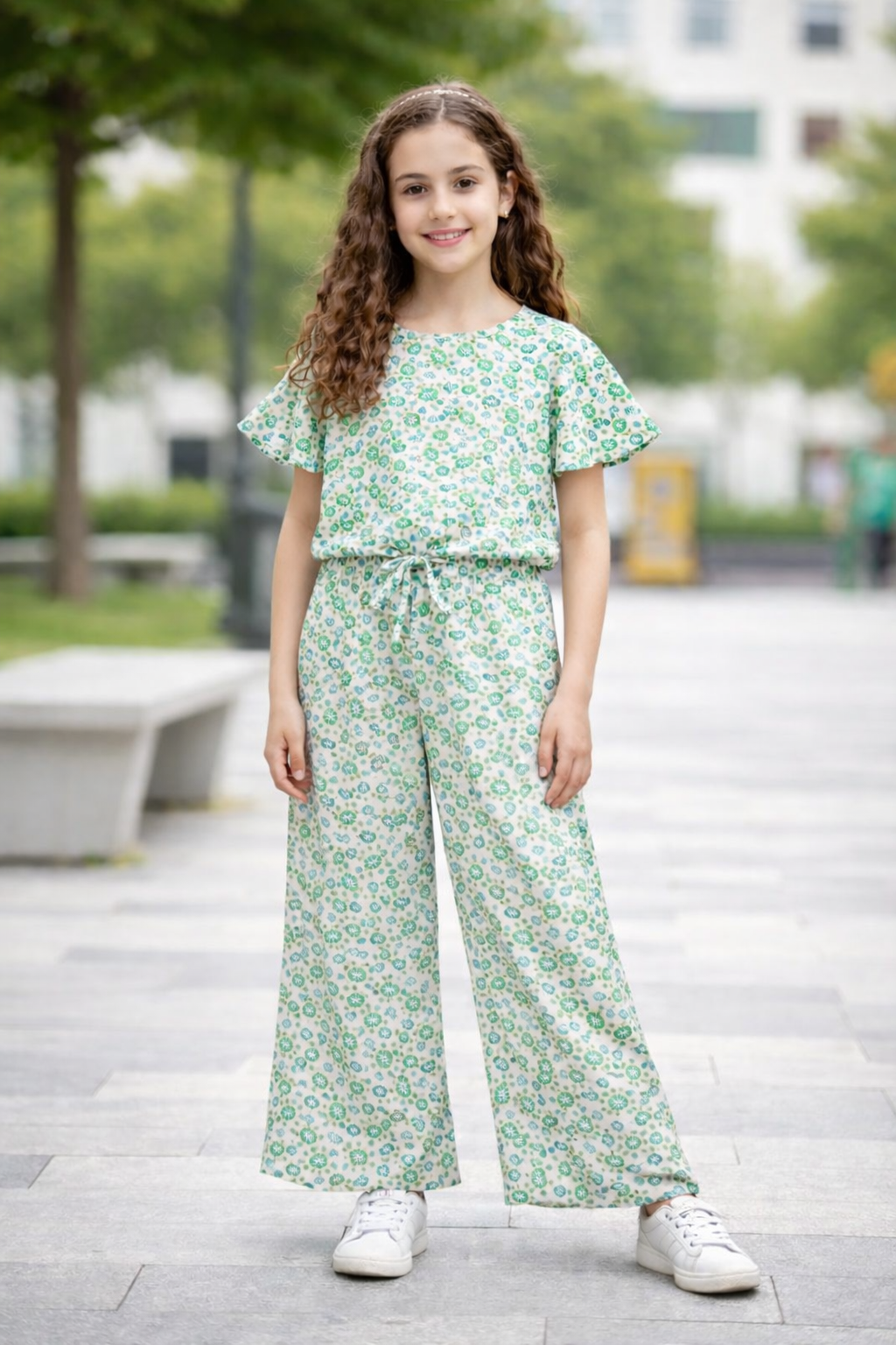 Girls white green floral cotton co-ord set Pakistan kids outfit