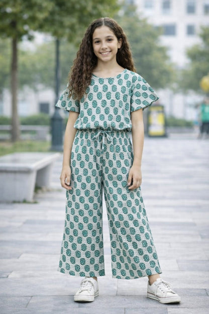 Green Leaves All Over Print  Cotton Girls Co-Ord Set 112