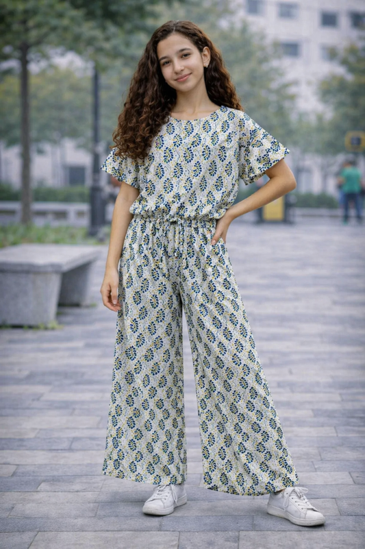 Green Leaves Allover Print White Cotton Girls Co-Ord Set 105