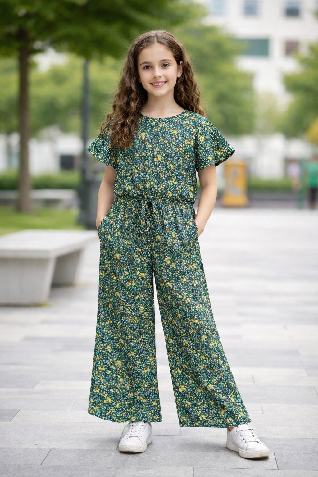 Green cotton girls co-ord set with yellow floral print, short sleeve top and wide-leg pants, casual outdoor street style Pakistan
