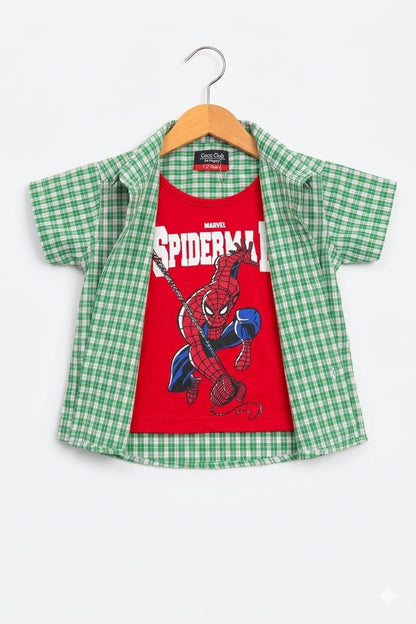 Green &Pink  Check Red Spiderman  Printed Layered Casual Shirt  501