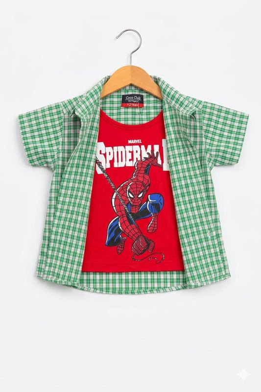 Green &Pink  Check Red Spiderman  Printed Layered Casual Shirt  501