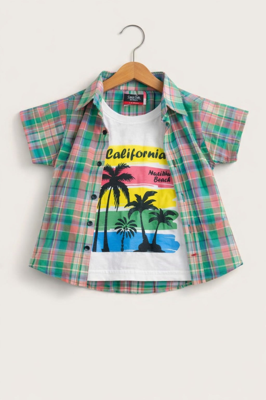 Green & Pink Checked [ California] Printed Layered Casual Shirt 211