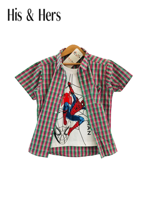 Green Pink Checked Spiderman Layered Casual Shirt 215