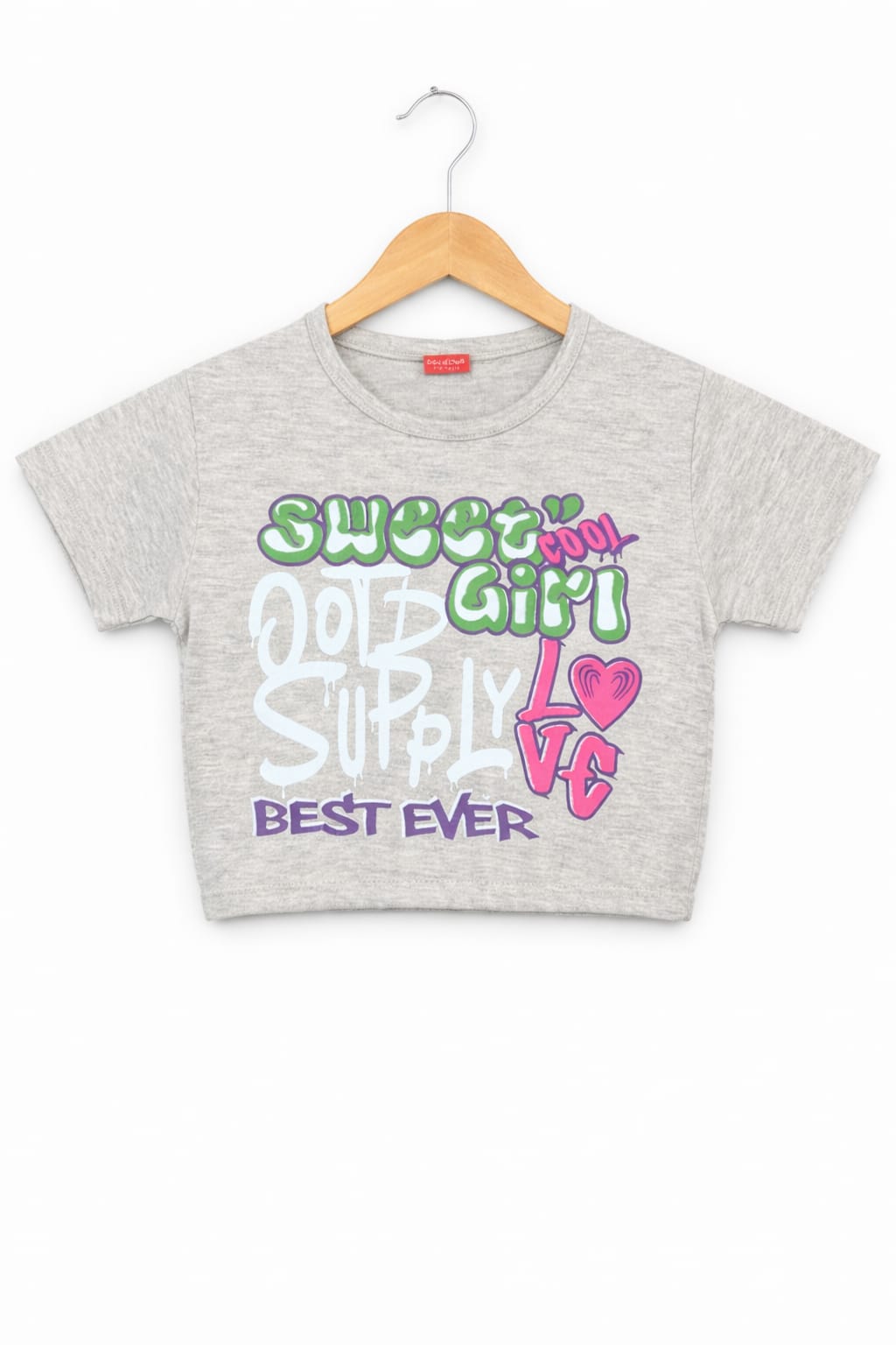 Girls grey cotton crop t-shirt with colorful “Sweet Girl Love Best Ever” graphic print, Pakistan casual summer Kidswear 
