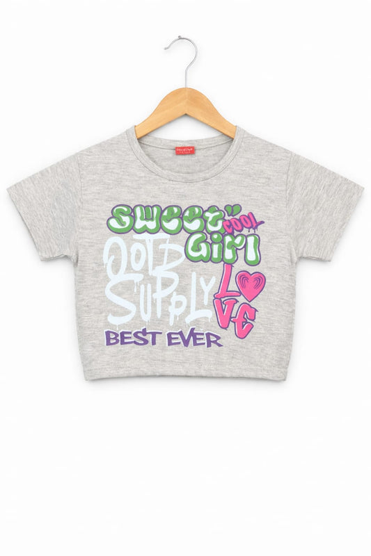 Girls grey cotton crop t-shirt with colorful “Sweet Girl Love Best Ever” graphic print, Pakistan casual summer Kidswear 
