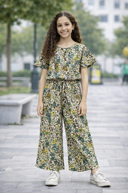 Green & Yellow Flowers All Over Print Cotton Girls Co-Ord Set 113