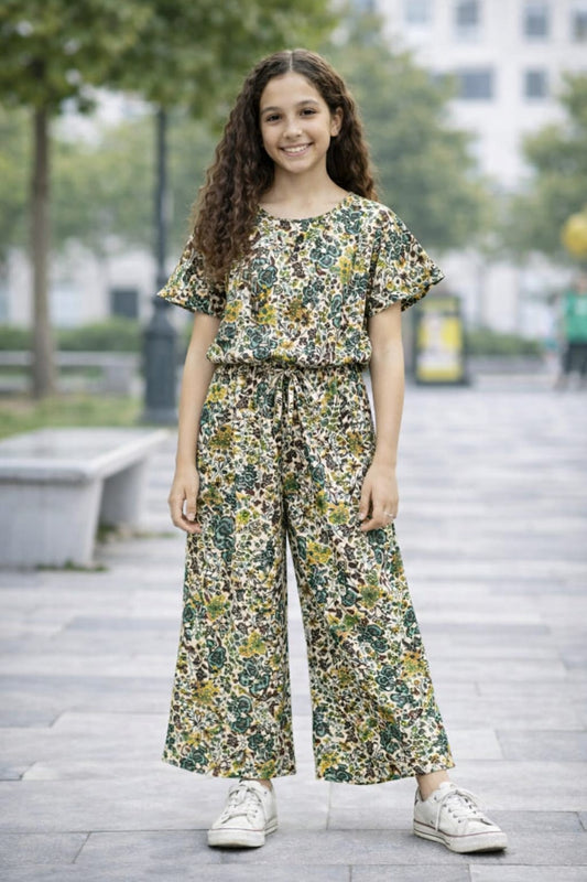 Green & Yellow Flowers All Over Print Cotton Girls Co-Ord Set 113