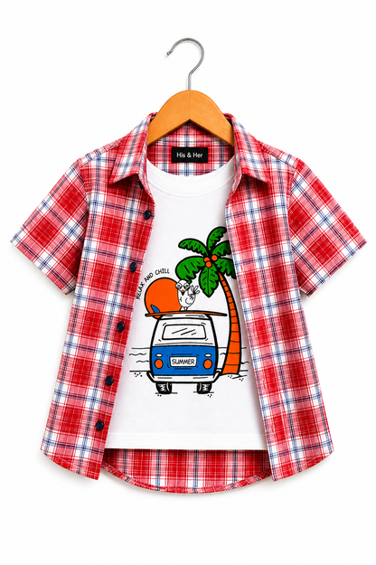 Grey Checked Sunset Palm Printed  Red  Layered Casual Shirt 501