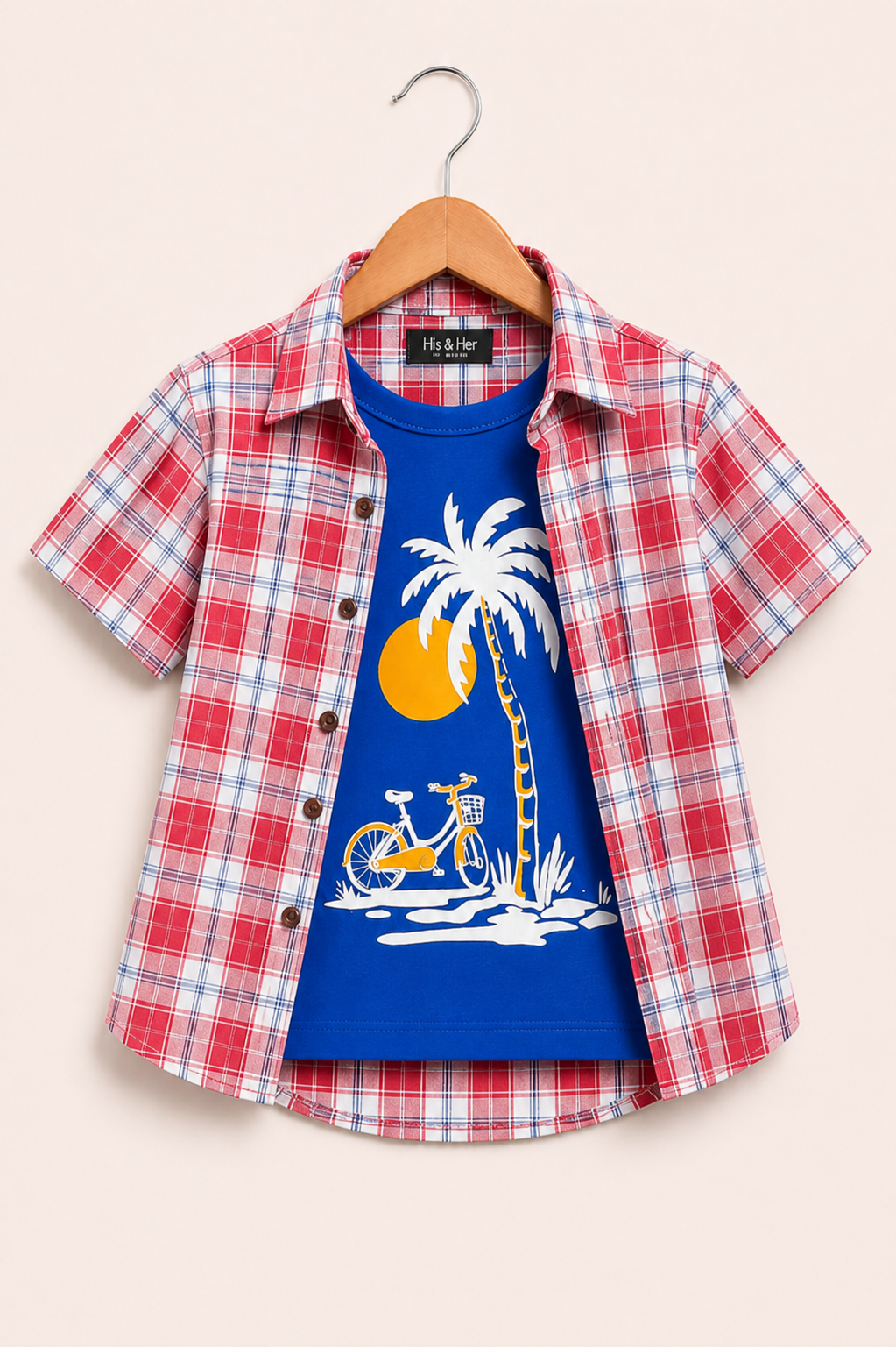 Grey Checked Sunset Palm Printed  Red Layered Casual Shirt 214