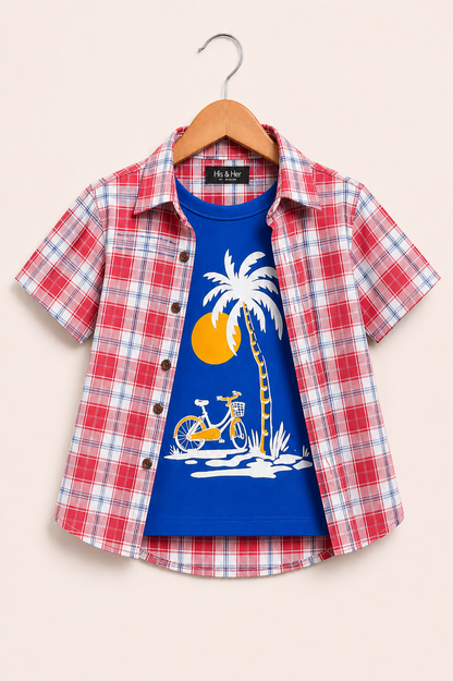 Grey Checked Sunset Palm Printed  Red Layered Casual Shirt 214