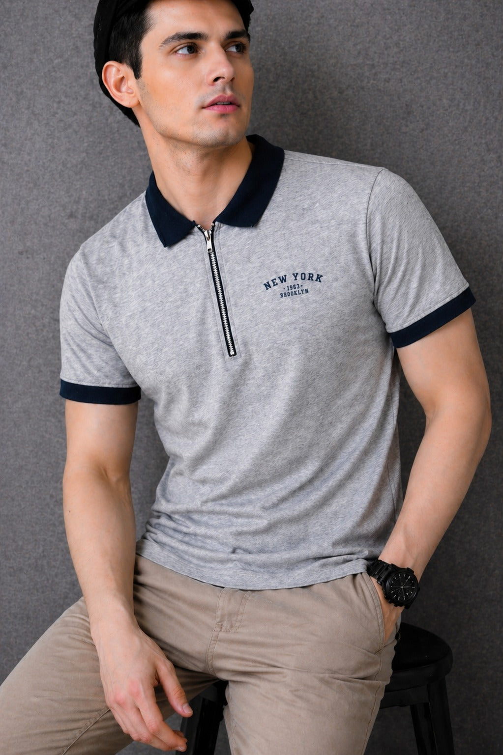 Grey Zipper Polo Combed  Terry (Black Collar)  546