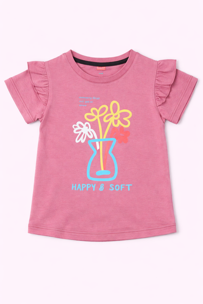 Girls dusty pink cotton t-shirt with colorful flower vase graphic print and ruffle sleeves, Pakistan casual short sleeve summer Kidswear 