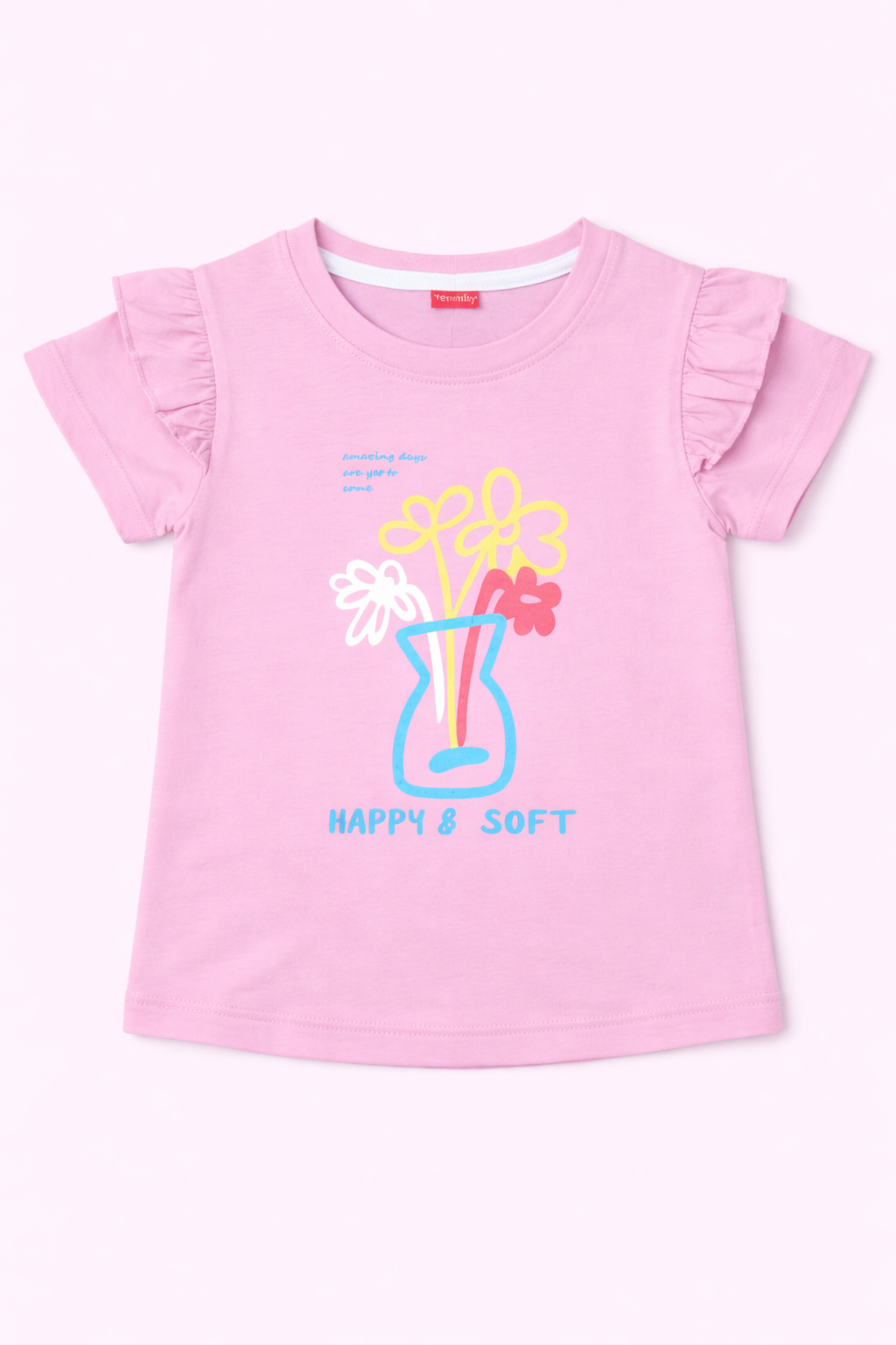 Girls light pink cotton t-shirt with colorful flower vase graphic print and ruffle sleeves, Pakistan casual short sleeve summer Kidswear
