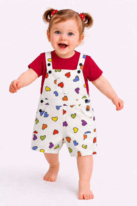 Heart Printed Red Girls Romper Set