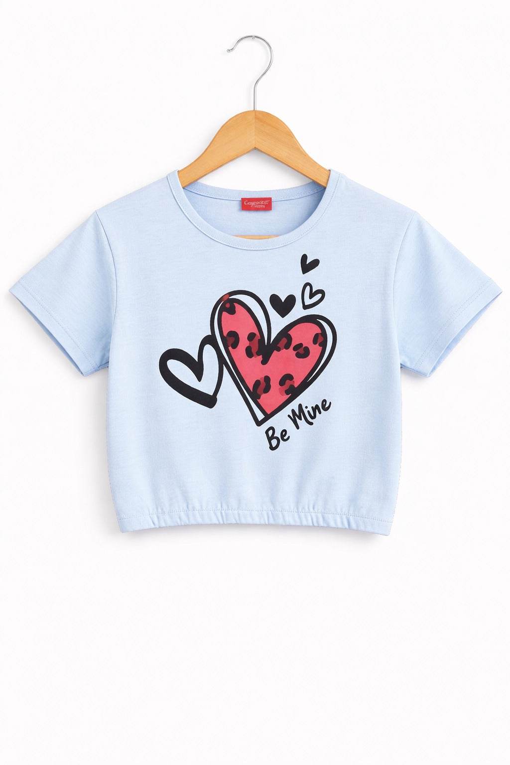Girls sky blue cotton crop t-shirt with pink heart “Be Mine” graphic print, Pakistan casual summer Kidswear 
