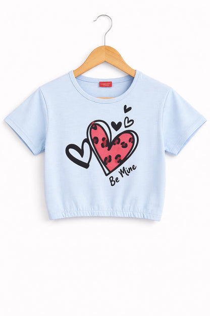 Girls sky blue cotton crop t-shirt with pink heart “Be Mine” graphic print, Pakistan casual summer Kidswear 
