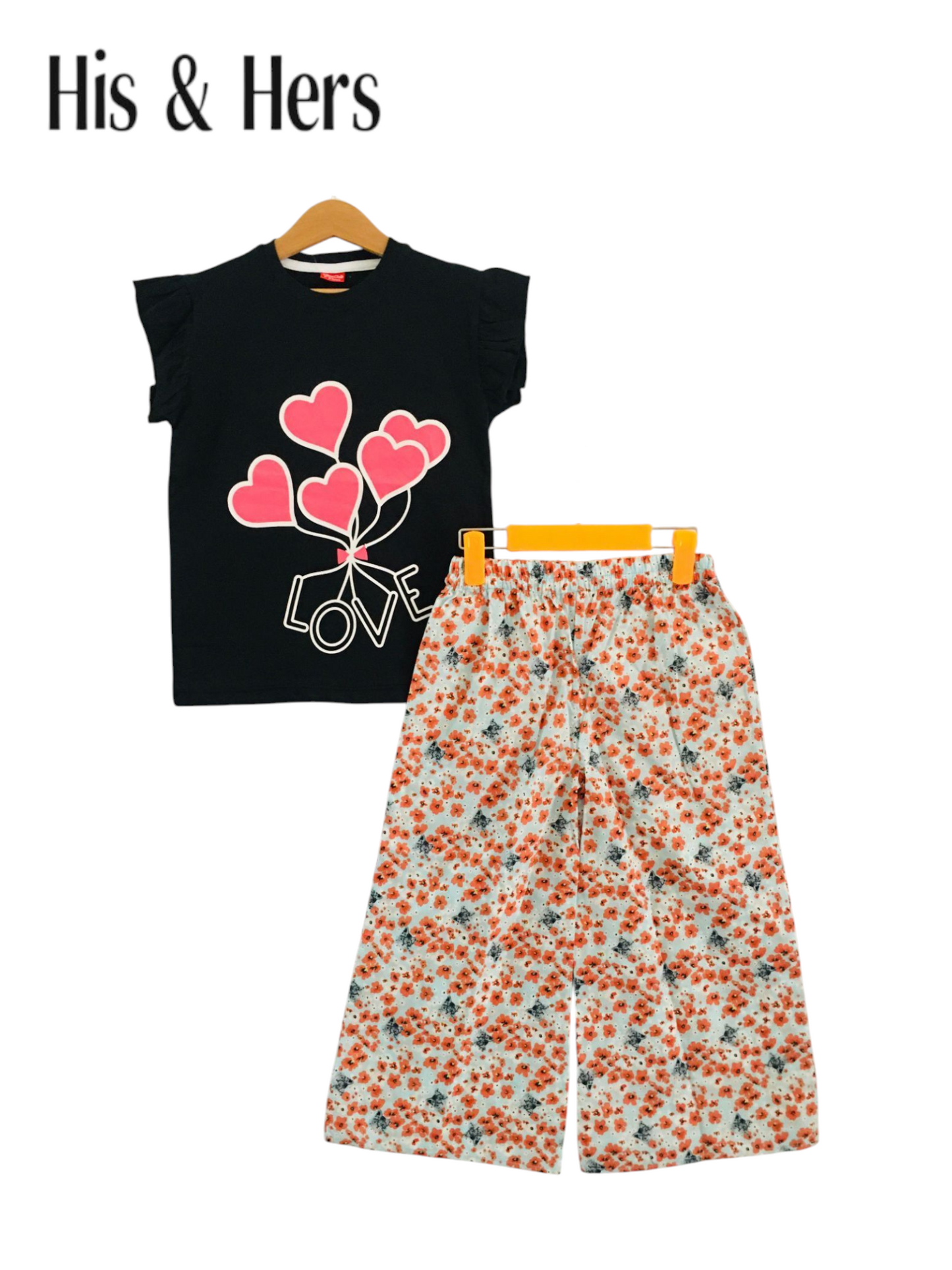 Black cotton girls co-ord set with heart print short sleeve T-shirt and floral wide-leg pants, Pakistan
