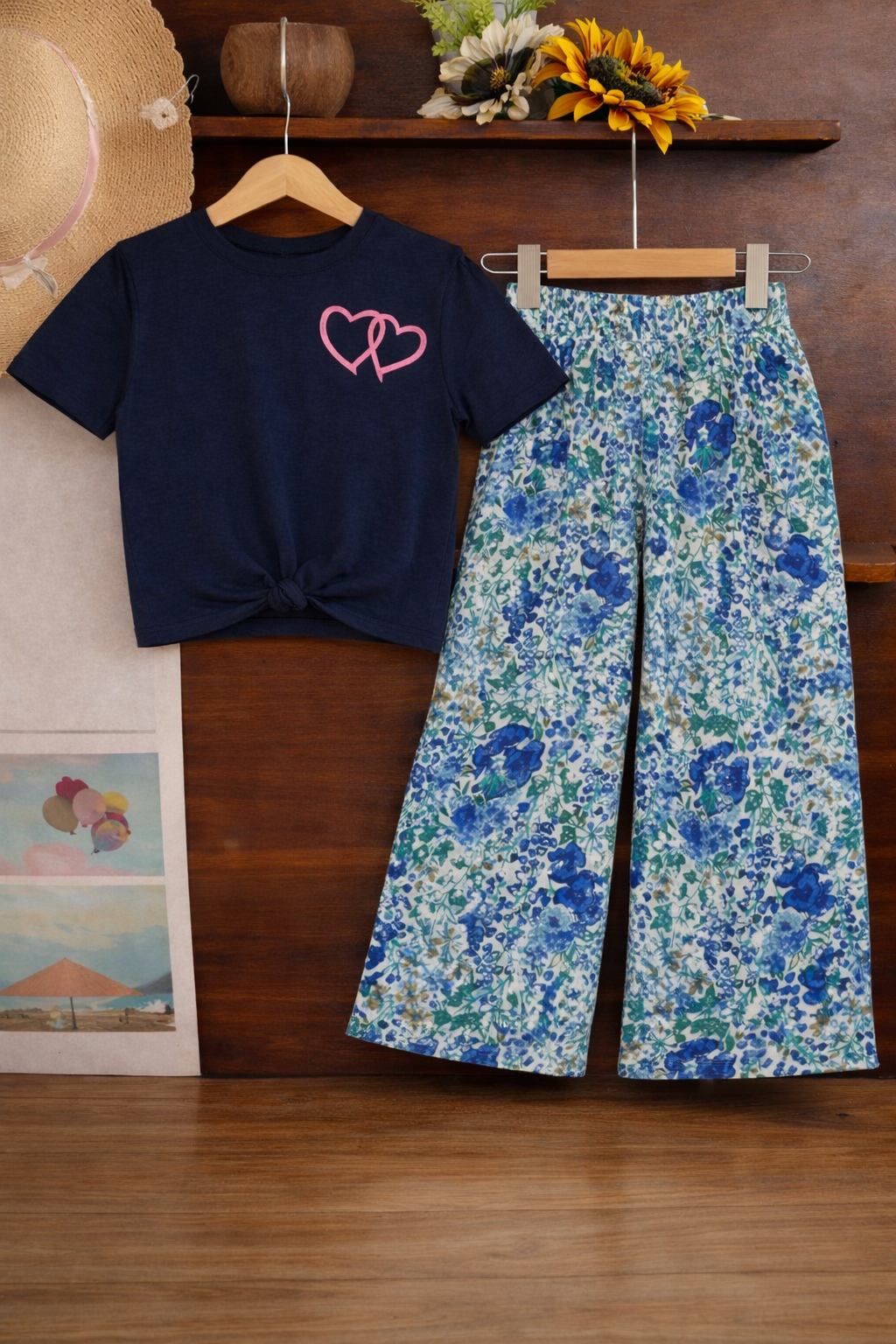 
Girls navy heart print cotton t-shirt with blue floral pants kids outfit Pakistan