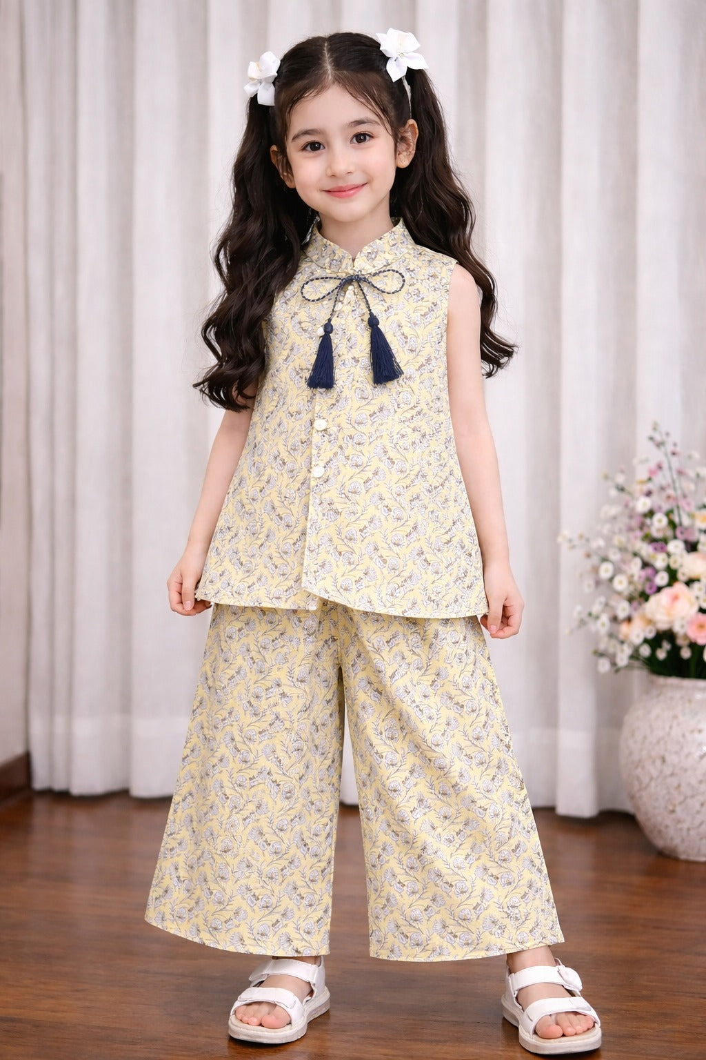 Girls yellow cotton floral printed kurti pant set with tassels, Pakistani outfit