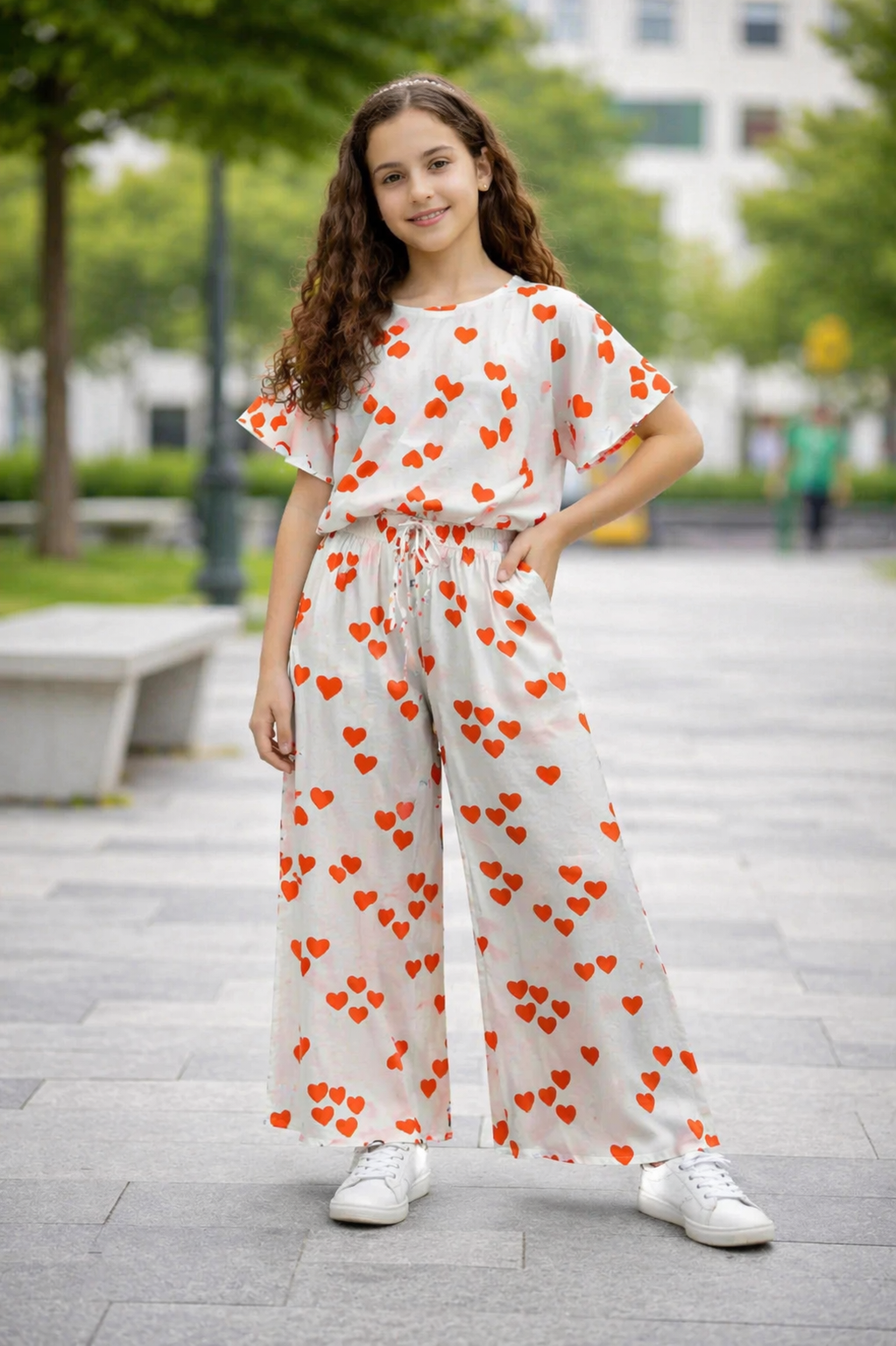 Hearts Print White Cotton Girls Co-Ord Set 232