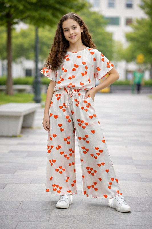 Hearts Print White Cotton Girls Co-Ord Set 232