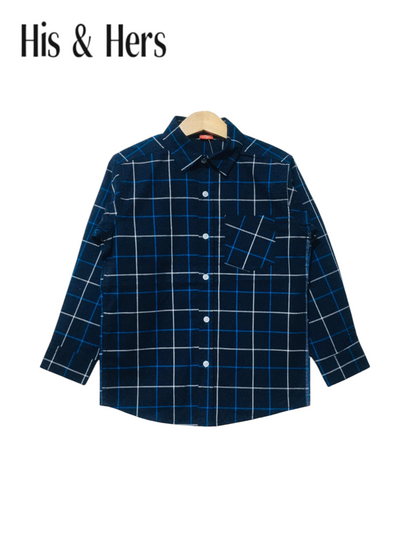 His&Hers Kid's Plaid Button Down Navy Blue Shirts Cotton Long Sleeve Dress Shirt 109