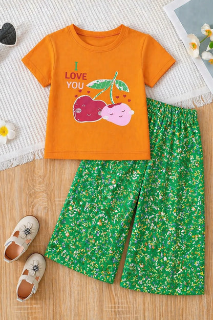 Girls orange cherry print cotton t-shirt with green floral pants kids outfit Pakistan