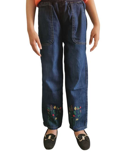 Colorful Flowers Embroidered Dark Soft Denim Flapper Pants Girls 270