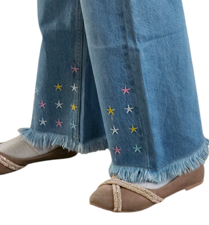 Stars Embroidery Kid's Light Blue Denim Pants Girls 117