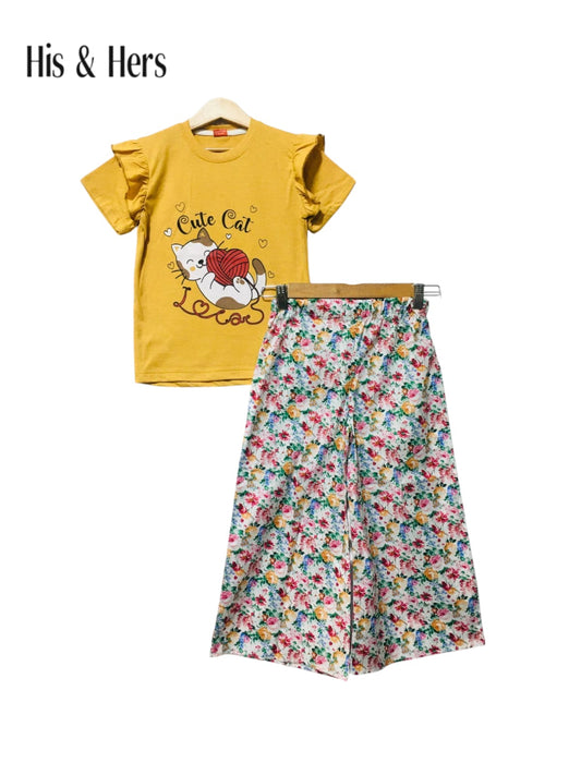 Cute Cat Kid's Mustard Yellow T-Shirt & Cotton Flapper Girls 108