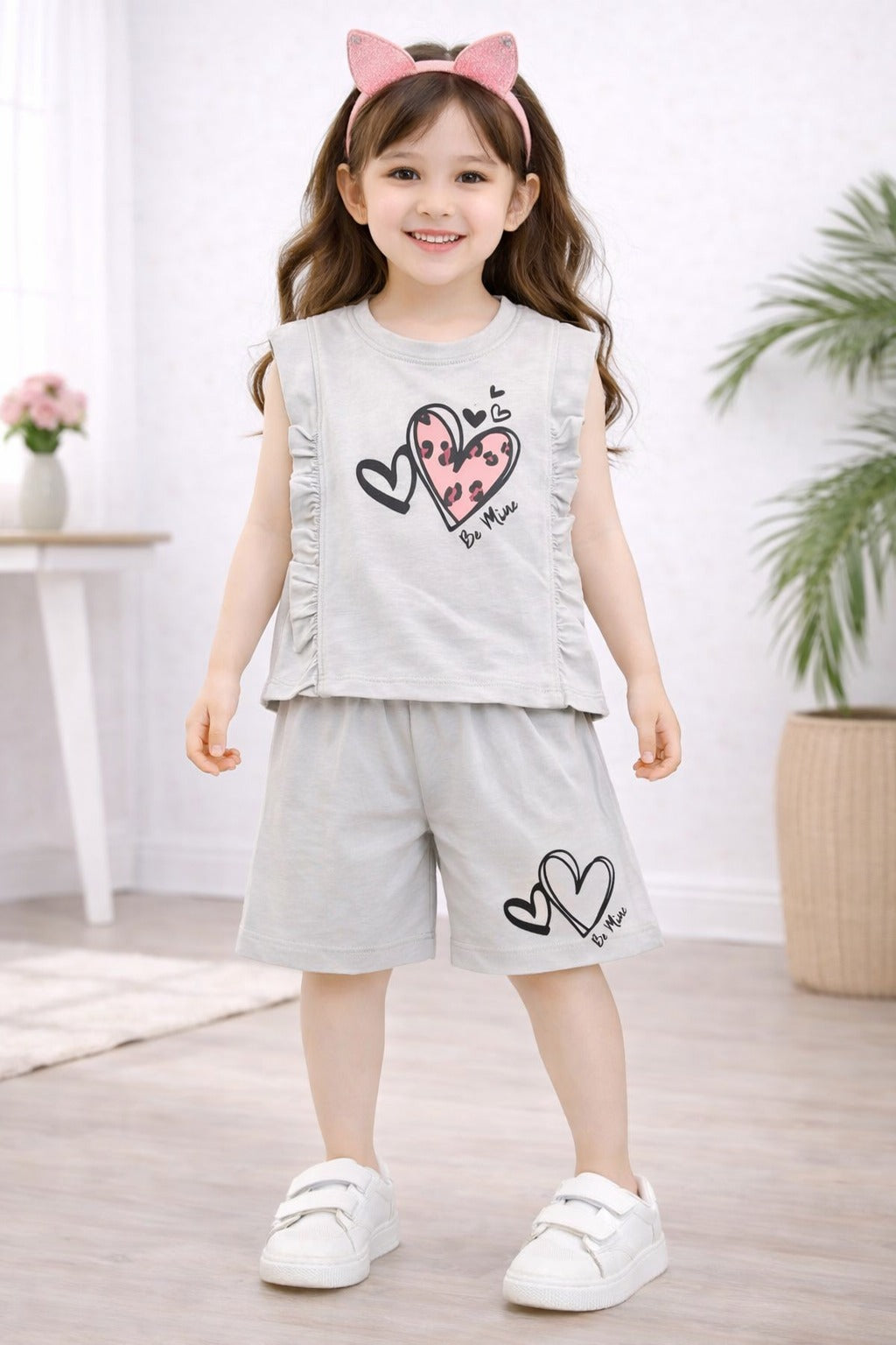 Heart Printed light Grey  Girls Nicker Suit  219