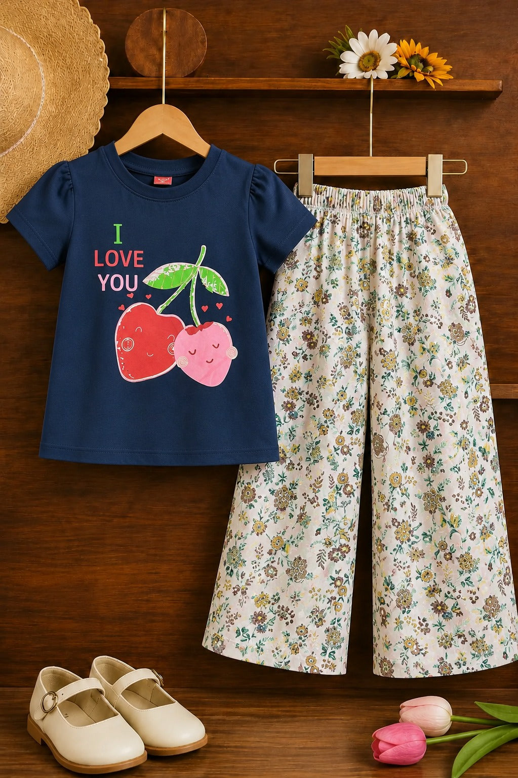 [I Love You] Strawberry Printed Navy  Girls T-Shirt &Cotton Flapper 702